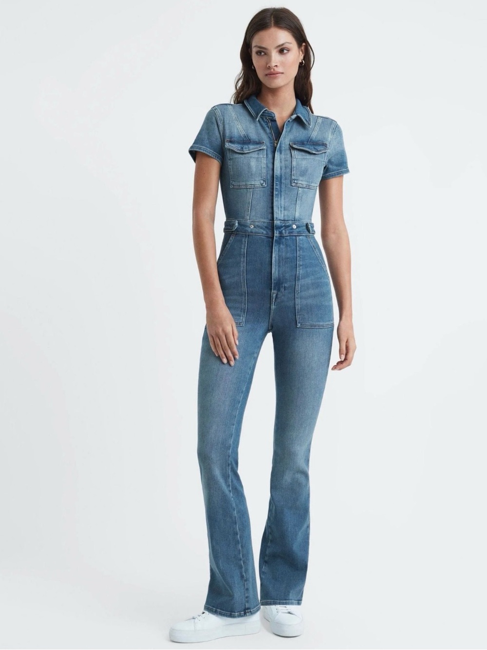 Good American Fit for Success Short-Sleeve Bootcut Denim Jumpsuit - Blue 2